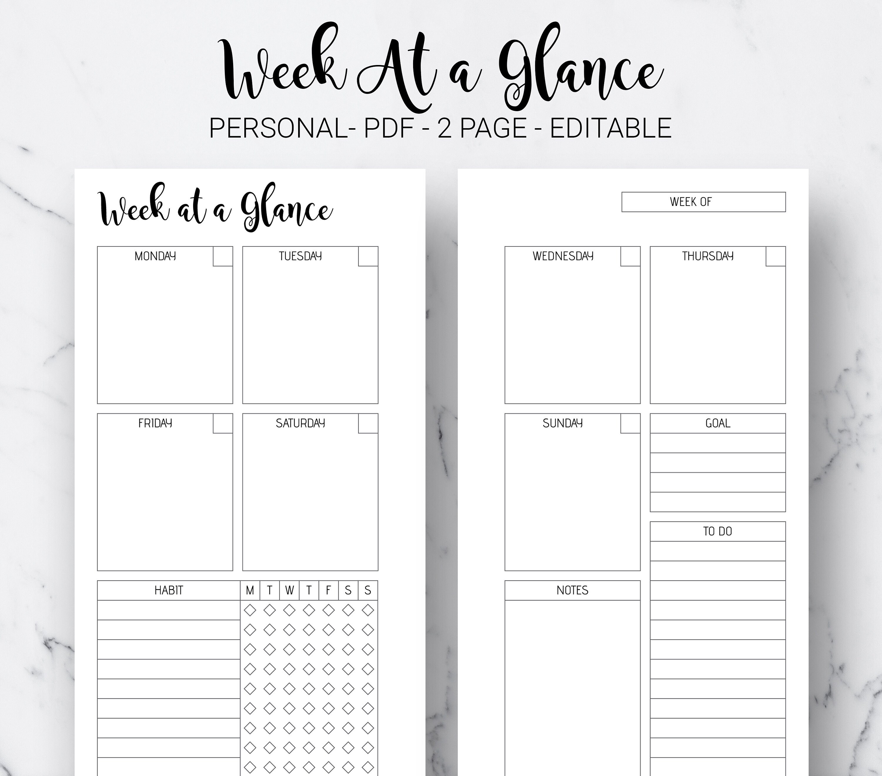 Week At A Glance Weekly Planner Undated Weekly Layout Weekly Etsy