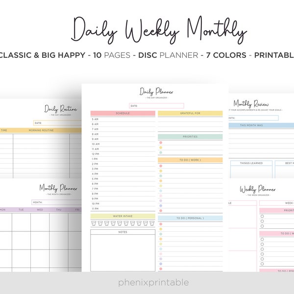 Daily Monthly Weekly Planner Schedule Routine Hourly Planner Mambi Classic HP Big Happy Planner PDF Printable Inserts