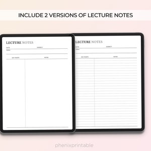 May include: Two versions of a printable lecture notes template. The first version has a column for key points and a column for notes. The second version has a column for key points and a column for notes with lined paper.