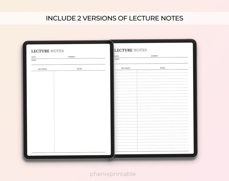 May include: Two versions of a printable lecture notes template. The first version has a column for key points and a column for notes. The second version has a column for key points and a column for notes with lined paper.