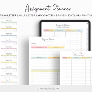 Assignment Planner Grade Tracker Homework Student Planner Study Digital Goodnotes iPad Planner A5 A4 Letter Half Size PDF Printable Inserts