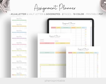 Assignment Planner Grade Tracker Homework Student Planner Study Digital Goodnotes iPad Planner A5 A4 Letter Half Size PDF Printable Inserts