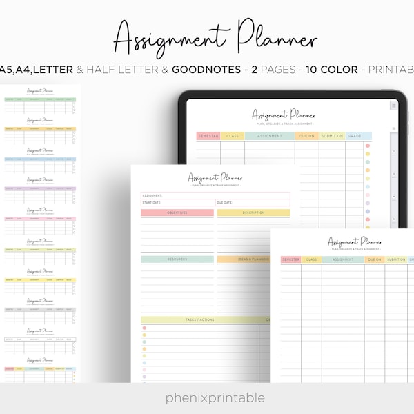Assignment Planner Grade Tracker Homework Student Planner Study Digital Goodnotes iPad Planner A5 A4 Letter Half Size PDF Printable Inserts