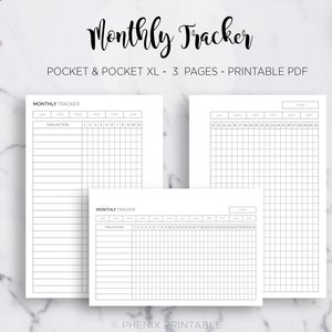 Pode incluir: Três páginas de rastreamento mensal imprimíveis para planejamento e organização. As páginas são projetadas para cadernos de bolso e incluem seções para tarefas, datas e notas.