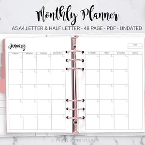 Planificador mensual sin fecha, mes en dos páginas, diseño mensual, calendario, planificador semanal, planificador diario, tamaño A5, A4, tamaño carta, media página, PDF, inserto imprimible