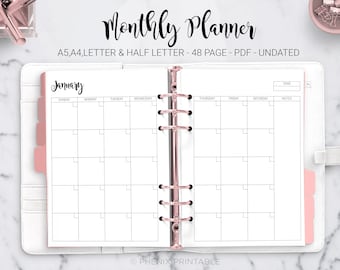 Monthly Planner Undated Month on Two Pages Monthly Layout Calendar Weekly Planner Daily Planner A5 A4 Letter Half Size PDF Printable Insert