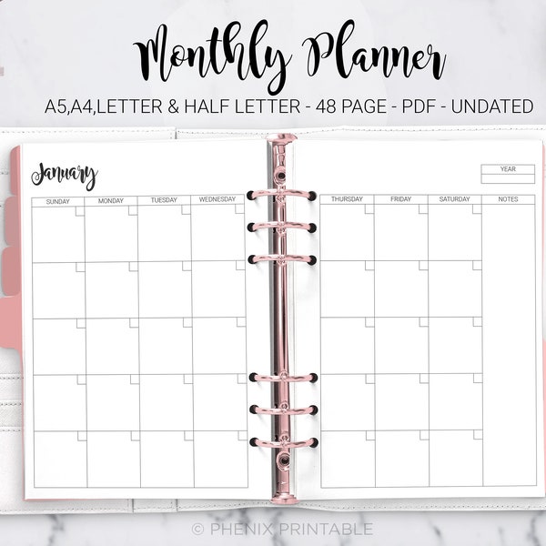Monthly Planner Undated Month on Two Pages Monthly Layout Calendar Weekly Planner Daily Planner A5 A4 Letter Half Size PDF Printable Insert