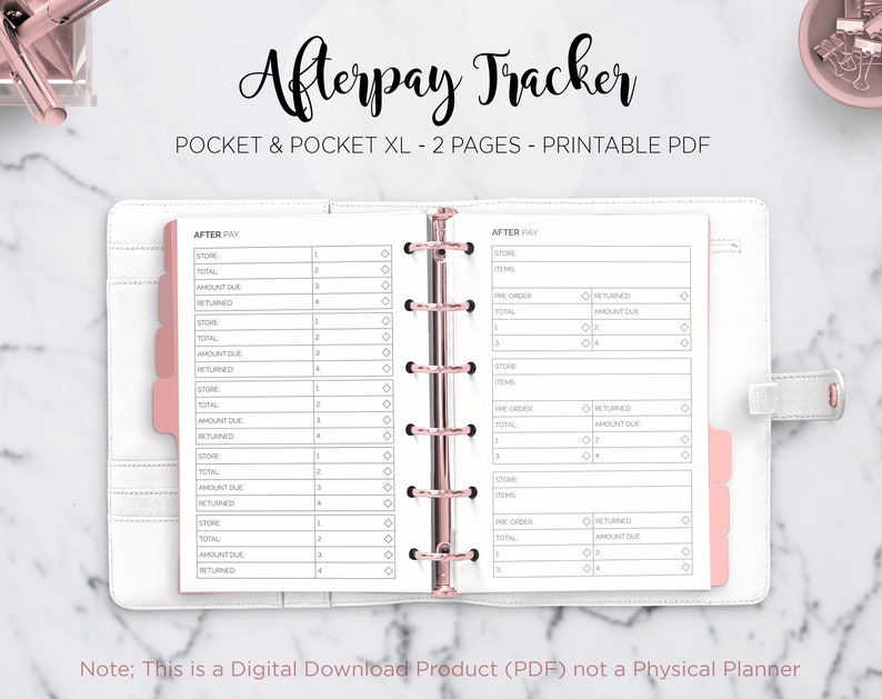 Afterpay Tracker Payment Klarna Money Spending Tracker Expense Tracker Filofax Pocket & Pocket XL Ring Binder Planner PDF Printable Inserts 