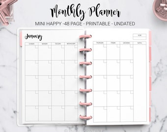 Monthly Planner Undated Month on Two Pages Monthly Calendar Journal Mini Mambi Happy Planner Discbound HP Mini Planner PDF Printable Insert