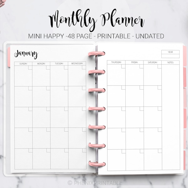 Monatliche Planer undatiert Monat auf zwei Seiten monatlichekalender Journal Mini Mambi glücklich Planer Discbound HP Mini Planer PDF druckbare einfügen