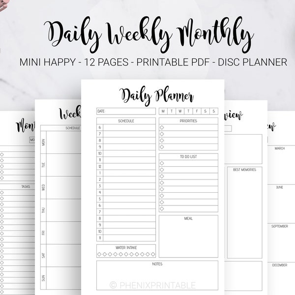 Daily Monthly Weekly Planner Schedule Routine Planner Essentials Mini Mambi Happy Planner Discbound HP Mini Planner PDF Printable Insert