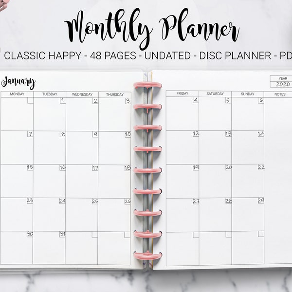 Monthly Planner Undated Month on Two Pages Monthly Calendar Inserts Journal Mambi Classic Happy Planner HP Editable PDF Printable Inserts