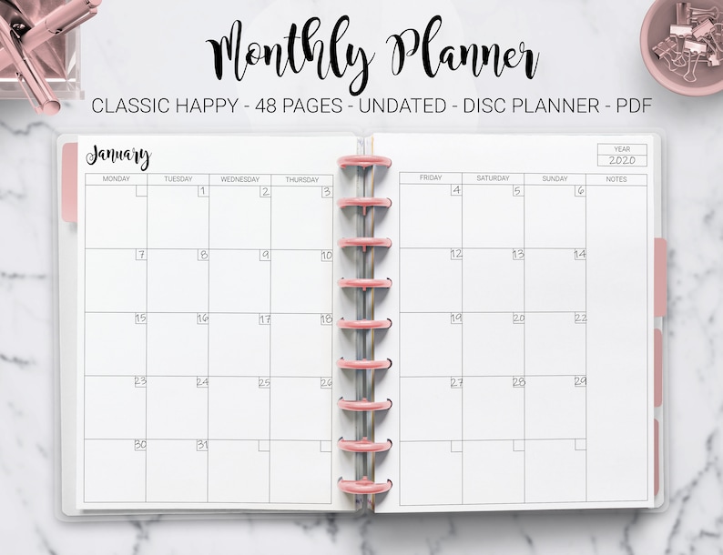 May include: A monthly planner with a pink and white color scheme. The planner is undated and has 48 pages. The cover of the planner has the text "Monthly Planner" and "CLASSIC HAPPY - 48 PAGES - UNDATED - DISC PLANNER - PDF". The month of January is displayed on the open page. The planner has a year section with the year 2020.