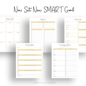 May include: A printable worksheet set for setting SMART goals. The worksheets include sections for personal brand, bucket list, goals on a page, and a yearly goals planner.