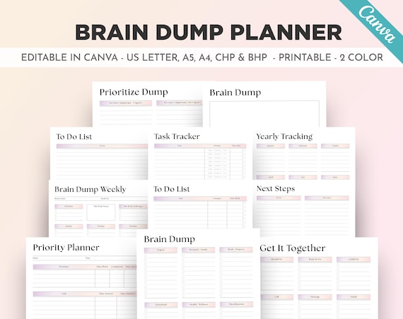 ADHD Brain Dump Printable Template, Planner A5 A4 Letter (Canva Editable)