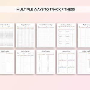 May include: Printable fitness tracker pages with titles including Water Tracker, Steps Tracker, Intermittent Fasting, Calories Tracker, Workout Log, Mood Tracker, Steps Tracker, Running Log, and Period Tracker.
