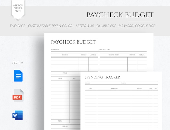 Editable Paycheck Budget Planner: Printable PDF, Google Docs, Word