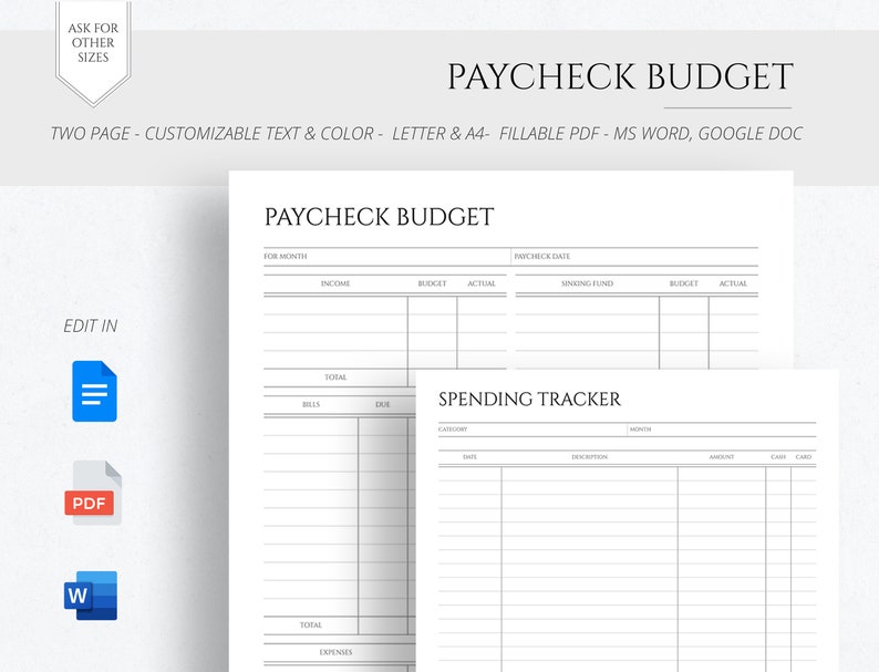 May include: A printable budget planner with two pages. The first page is a paycheck budget with sections for income, budget, actual, sinking fund, and expenses. The second page is a spending tracker with sections for date, category, description, amount, cash, and card.