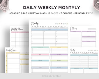 Daily Planner Day Planner Work Planner Weekly Planner Hourly Planner Time Management Classic Big Happy A5 A4 Letter Size Printable Inserts