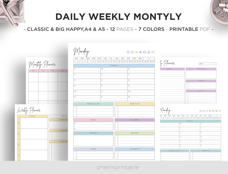 May include: Printable daily, weekly, and monthly planner pages in seven different colors. The pages are designed in a classic and big happy style. The text on the page reads "Daily Weekly Monthly - Classic & Big Happy, A4 & A5 - 12 Pages - 7 Colors - Printable PDF - "