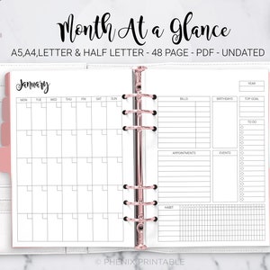 Month at a Glance Monthly Planner Calendar Undated Bill Habit Tracker To Do List Daily Planner A5 A4 Letter Half Size PDF Printable Insert image 1