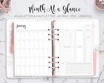 Month at a Glance Monthly Planner Calendar Undated Bill Habit Tracker To Do List Daily Planner A5 A4 Letter Half Size PDF Printable Insert