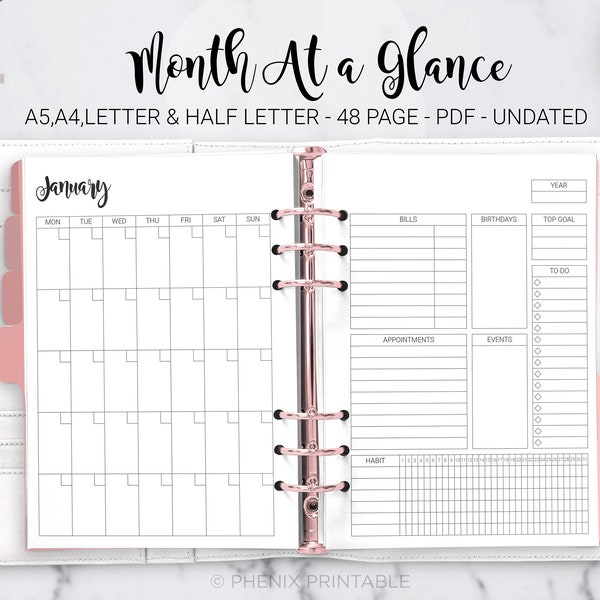 Month at a Glance Monthly Planner Calendar Undated Bill Habit Tracker To Do List Daily Planner A5 A4 Letter Half Size PDF Printable Insert