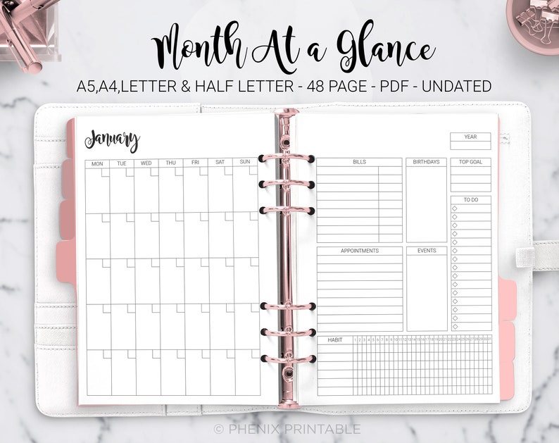 Month at a Glance Monthly Planner Calendar Undated Bill Habit Tracker To Do List Daily Planner A5 A4 Letter Half Size PDF Printable Insert image 1