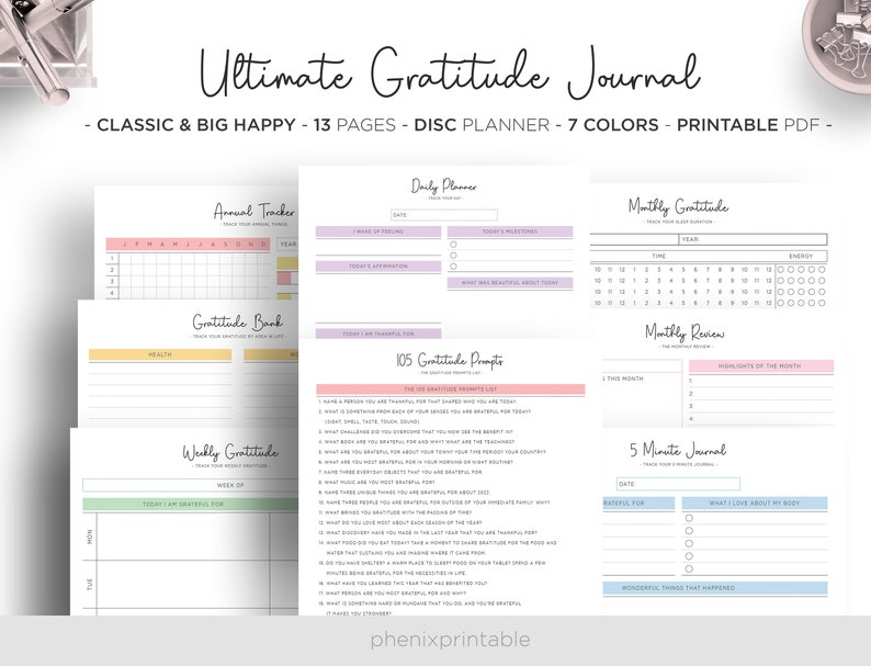 May include: A printable gratitude journal with a pink, yellow, and green color scheme. The journal includes pages for daily, weekly, and monthly gratitude tracking, as well as a 5-minute journal for reflecting on the day. The journal also includes 105 gratitude prompts to help you find things to be thankful for.