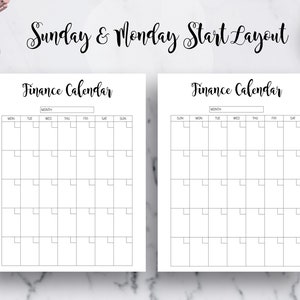 May include: Two blank printable finance calendar pages with the text "Sunday & Monday Start Layout" and "Finance Calendar" at the top. The calendars are set up with a Sunday start and have spaces for each day of the week.