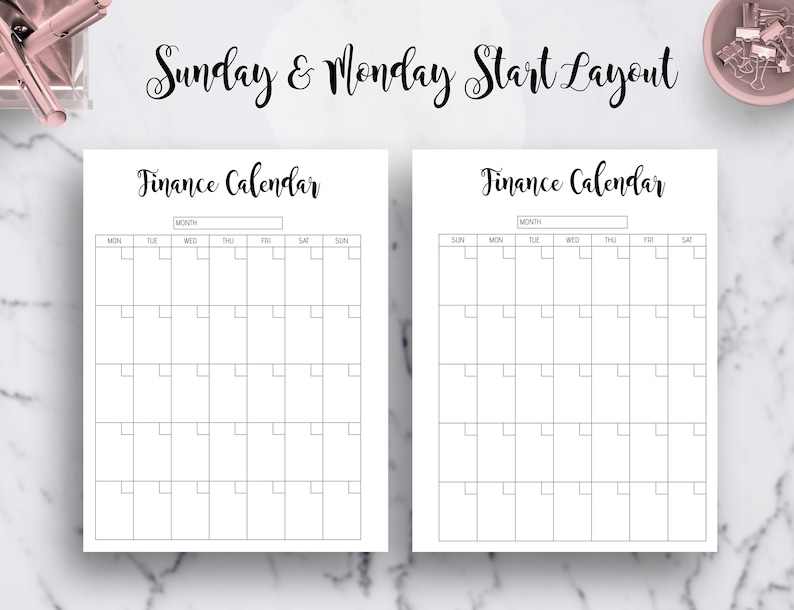 May include: Two blank printable finance calendar pages with the text "Sunday & Monday Start Layout" and "Finance Calendar" at the top. The calendars are set up with a Sunday start and have spaces for each day of the week.
