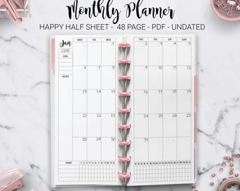 Undated Monthly Planner Calendar Journal Month on Two Page Habit Tracker Skinny Classic Half Sheet Happy Planner Mambi PDF Printable Inserts