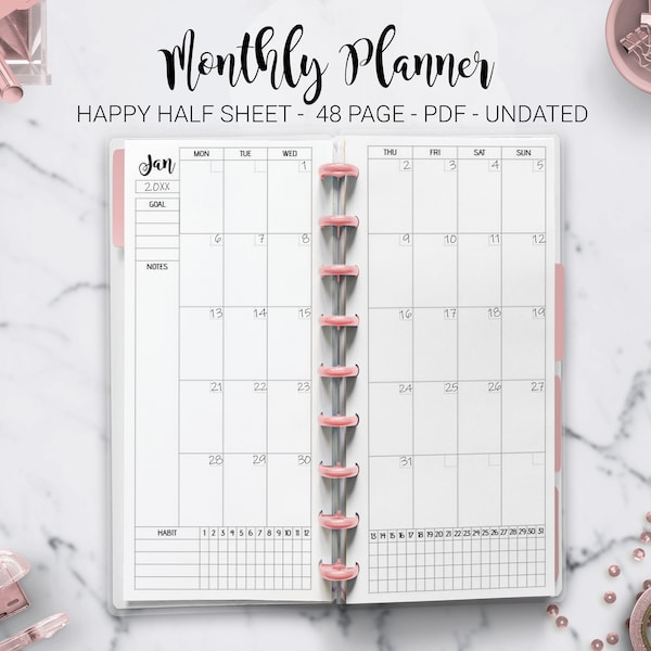 Undated Monthly Planner Inserts: Skinny Classic, Half Sheet (PDF Printable)