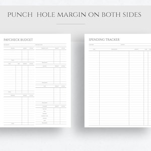 May include: Two printable budget sheets with punch holes on both sides. The left sheet is titled "Paycheck Budget" and has columns for income, budget, actual, and remaining. The right sheet is titled "Spending Tracker" and has columns for date, description, amount, and total.