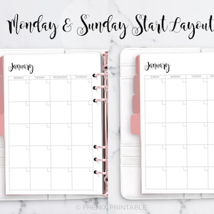 May include: Two printable monthly calendar pages with a white background and black grid lines. The calendar pages are for January and show the days of the week starting on Monday and Sunday. The text "Monday & Sunday Start Layout" is at the top of the image.