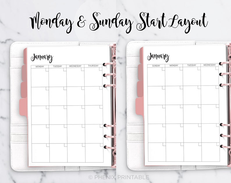 May include: Two printable monthly calendar pages with a white background and black grid lines. The calendar pages are for January and show the days of the week starting on Monday and Sunday. The text "Monday & Sunday Start Layout" is at the top of the image.