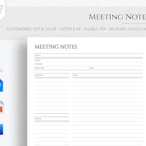 Plantilla de actas de reuniones, notas de reuniones EDITABLES, toma de notas comerciales, agenda de reuniones, registro de proyectos, formato A4, carta, PDF rellenable, Google Docs, Word