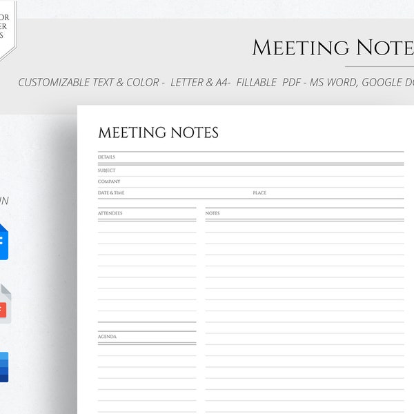 Meeting Minutes Template, EDITABLE Meeting Notes, Business Note Taking Meeting Agenda Project Record A4 Letter Fillable PDF Google Docs Word