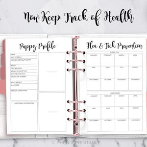 May include: A printable planner page with a pink and white design. The page is titled "Puppy Profile" and includes sections for the puppy's name, date of birth, breeder, breed, date adopted, weight at adoption, spay/neuter date, microchip number, adult weight, allergies, medical conditions, and additional information. The page also includes a section for a puppy photo. The second page is titled "Hea & Tick Prevention" and includes a calendar grid for tracking flea and tick prevention and heartworm medication.