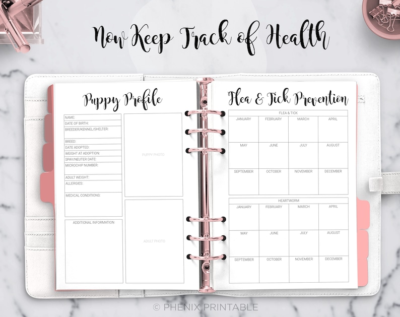 May include: A printable planner page with a pink and white design. The page is titled "Puppy Profile" and includes sections for the puppy's name, date of birth, breeder, breed, date adopted, weight at adoption, spay/neuter date, microchip number, adult weight, allergies, medical conditions, and additional information. The page also includes a section for a puppy photo. The second page is titled "Hea & Tick Prevention" and includes a calendar grid for tracking flea and tick prevention and heartworm medication.