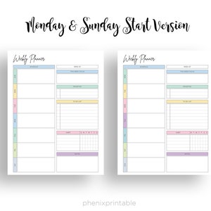 May include: Two printable weekly planner pages with pastel colored borders. The pages are titled "Weekly Planner" and include sections for schedules, this week's focus, priorities, to do list, habit tracker, and notes.