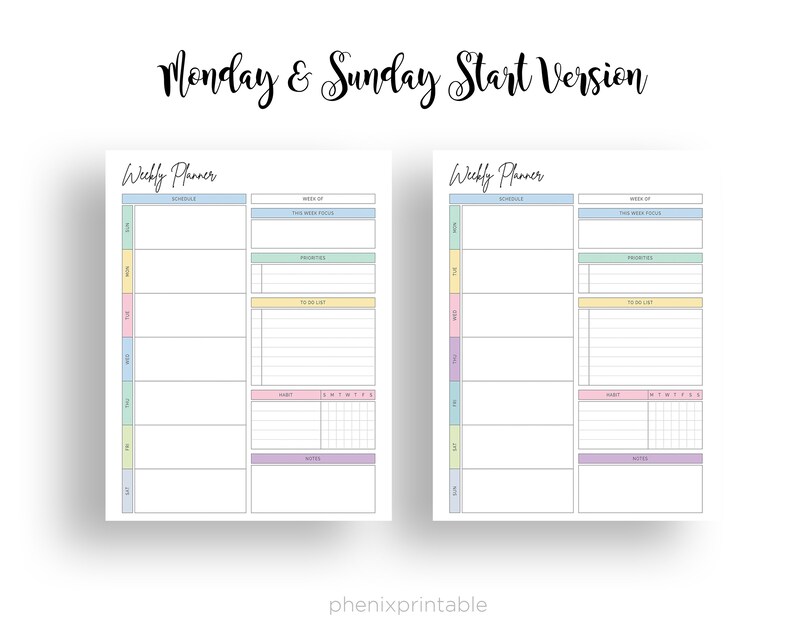 May include: Two printable weekly planner pages with pastel colored borders. The pages are titled "Weekly Planner" and include sections for schedules, this week's focus, priorities, to do list, habit tracker, and notes.