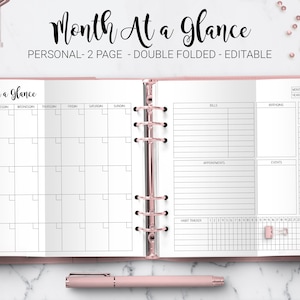 Month at a Glance Monthly Planner Undated Monthly Layout Agenda Foldout Insert Filofax Personal Size Folded Editable PDF Printable Insert