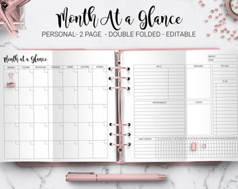 Month at a Glance Monthly Planner Undated Monthly Layout Agenda Foldout Insert Filofax Personal Size Folded Editable PDF Printable Insert