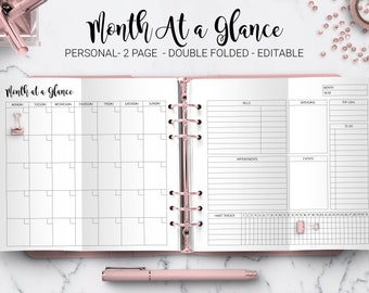 Mois en un coup d’œil Planificateur mensuel Calendrier mensuel non daté Mise en page Dépliant Insérer Filofax Taille personnelle Plié Modifiable PDF Imprimable Insert