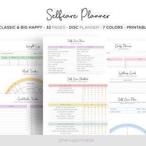 May include: Printable self-care planner with colorful pages. The planner includes sections for daily planning, mood tracking, weight tracking, gratitude journaling, wellness goals, and self-care checklists.