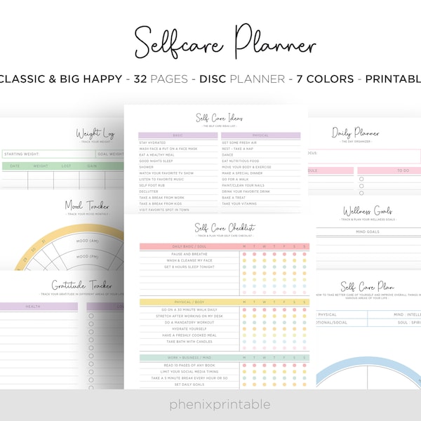 Self Care Journal Self Care Planner Worksheet Mood Tracker Love Yourself Gratitude Journal Mambi Classic HP Big Happy PDF Printable Inserts