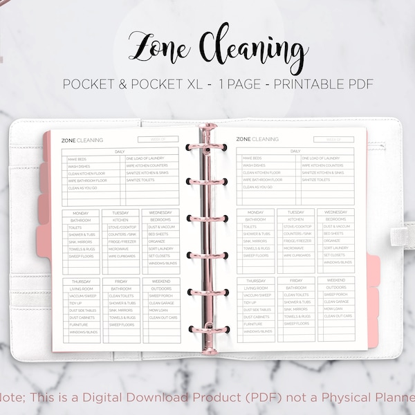 Zone Cleaning Checklist Home Management Weekly Chores Cleaning Planner Schedule Filofax Pocket & Pocket XL Ring Binder PDF Printable Insert