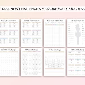 May include: Printable planner pages with a pink and orange gradient background. The pages include sections for weekly and monthly measurements, a measurement tracker, a section for recording measurements, and challenges for 100 miles, 52 weeks, 30 days, and 12 weeks.
