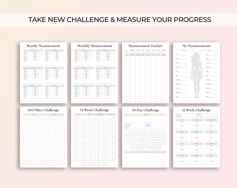 May include: Printable planner pages with a pink and orange gradient background. The pages include sections for weekly and monthly measurements, a measurement tracker, a section for recording measurements, and challenges for 100 miles, 52 weeks, 30 days, and 12 weeks.